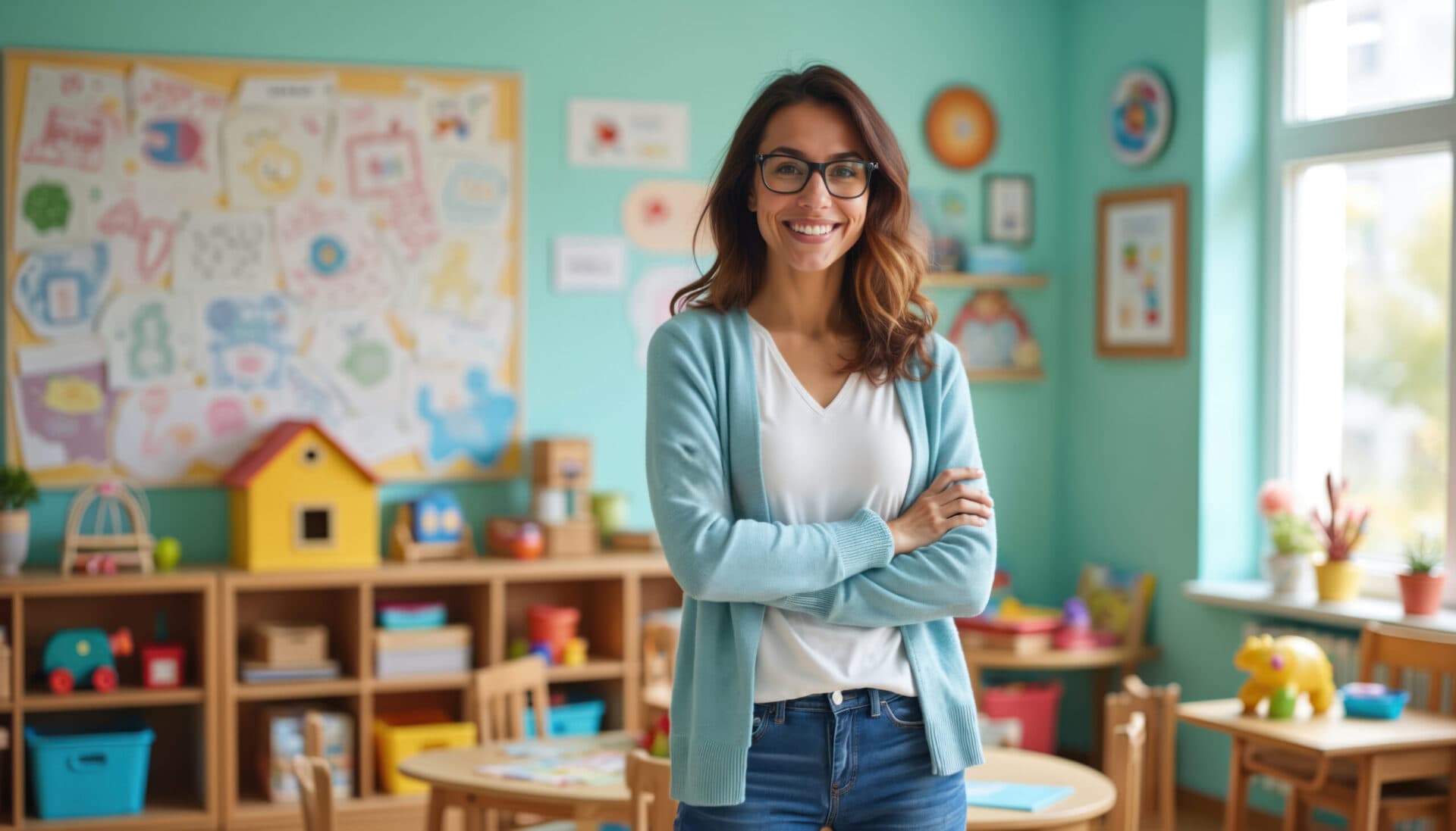 A smiling Creative Playrooms teacher standing in her decorated classroom