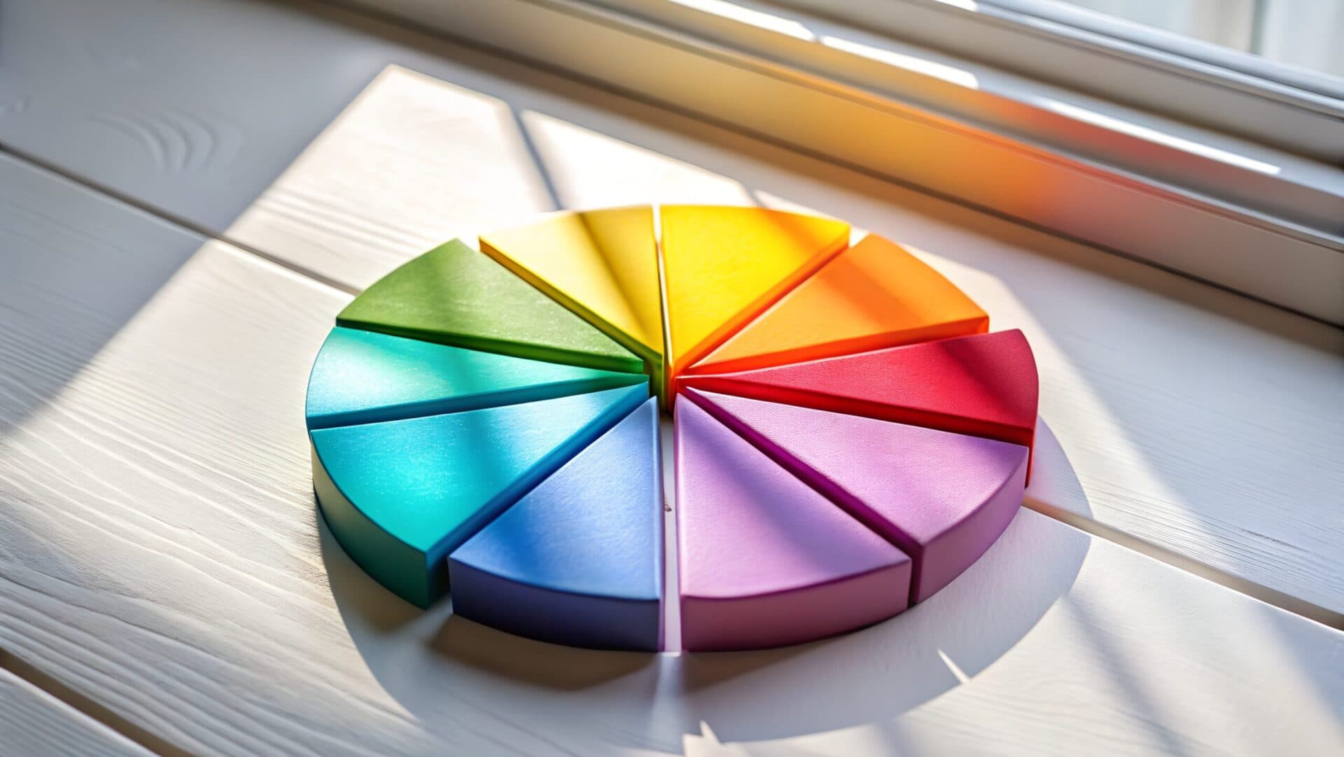 A wooden rainbow puzzle arranged into a circle on a sunlit table