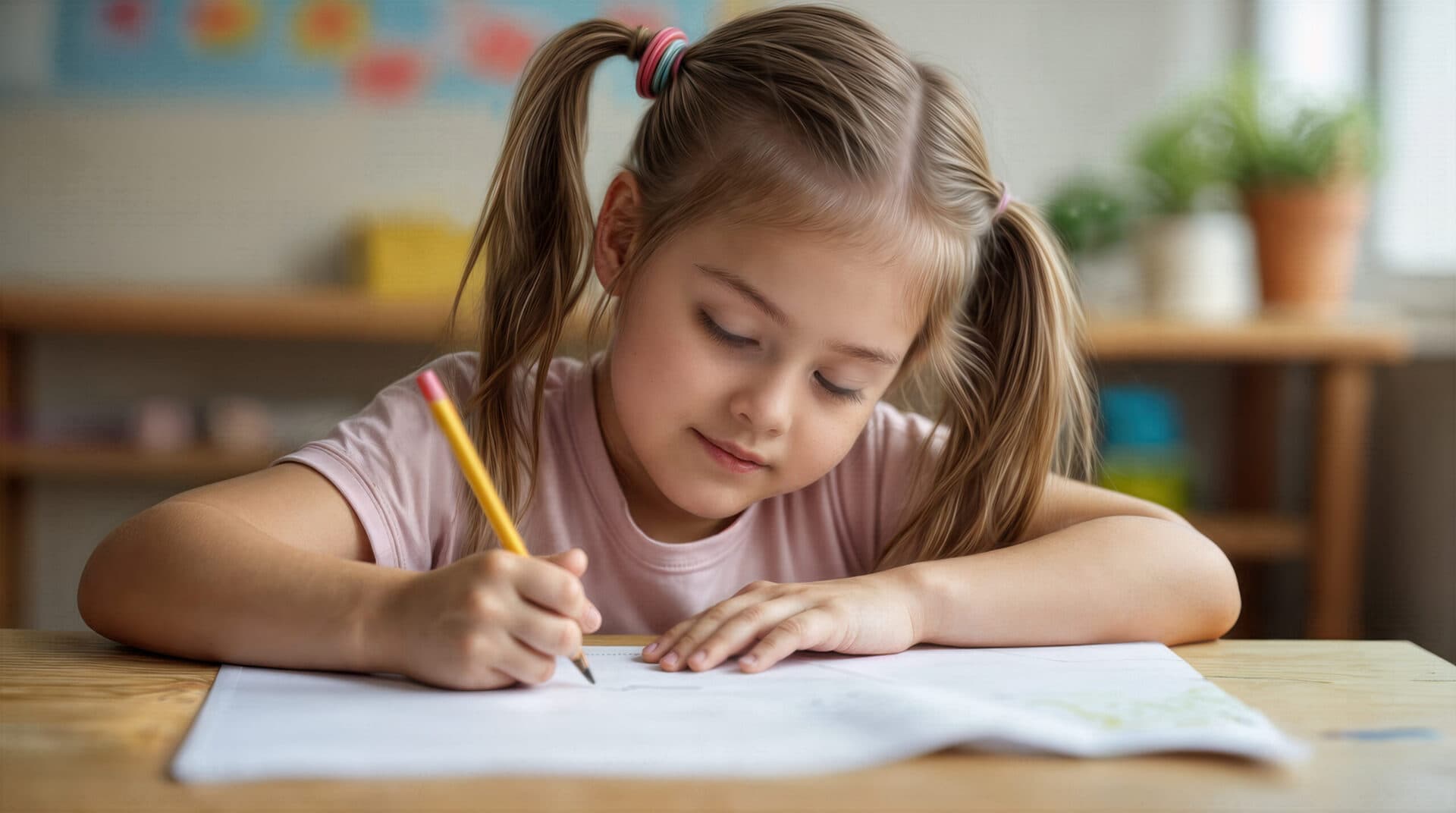 A child in pigtails writing with a pencil in a workbook at a wooden table