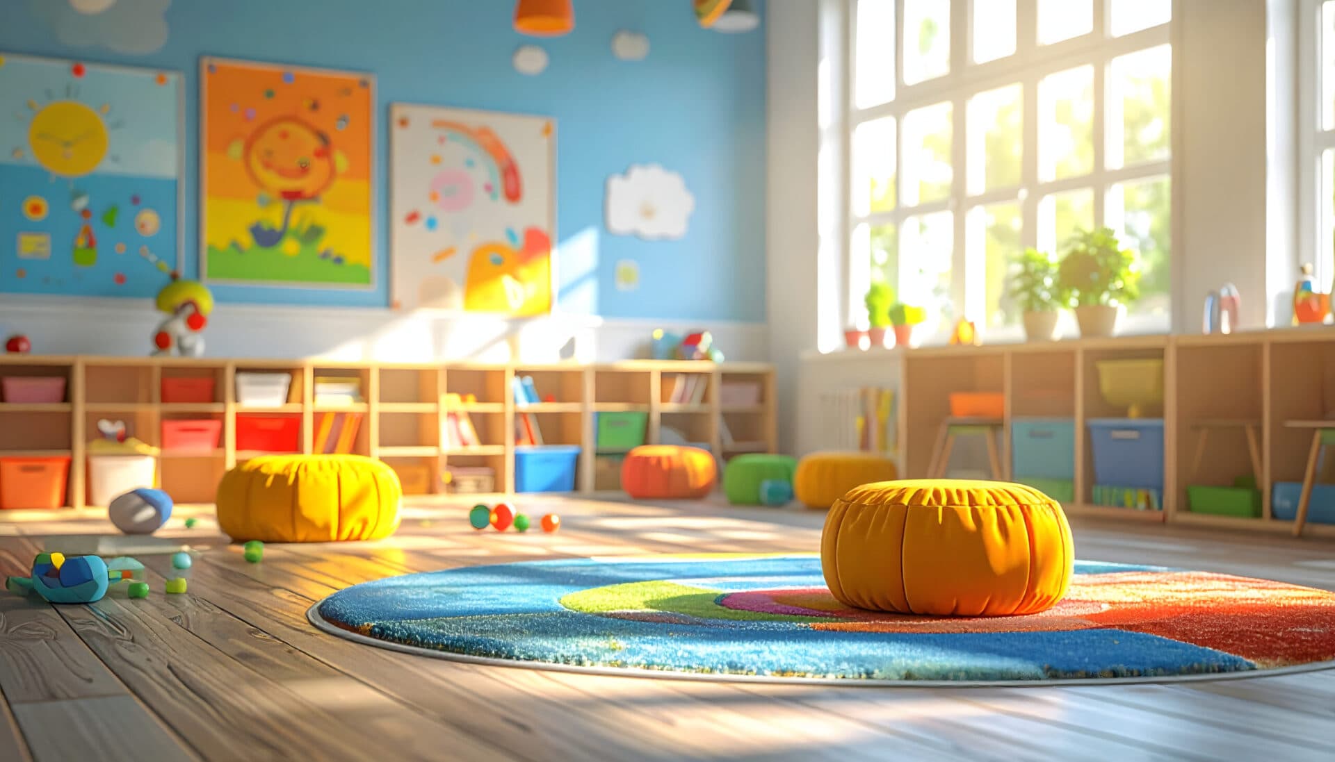 A sunlit preschool classroom with a colorful rug, floor cushions, and open storage shelves