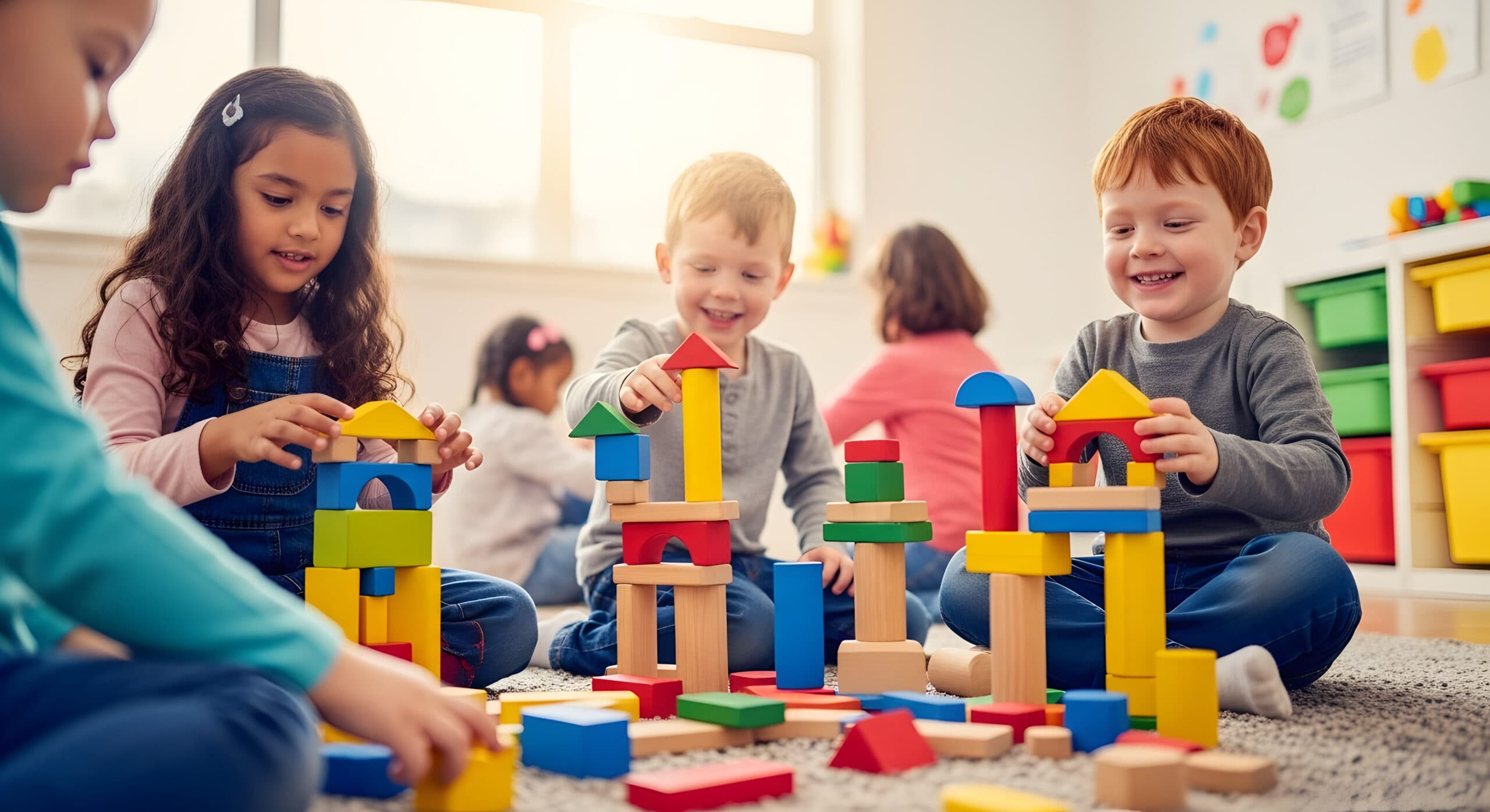 Children sitting on a classroom rug building towers from colorful wooden blocks